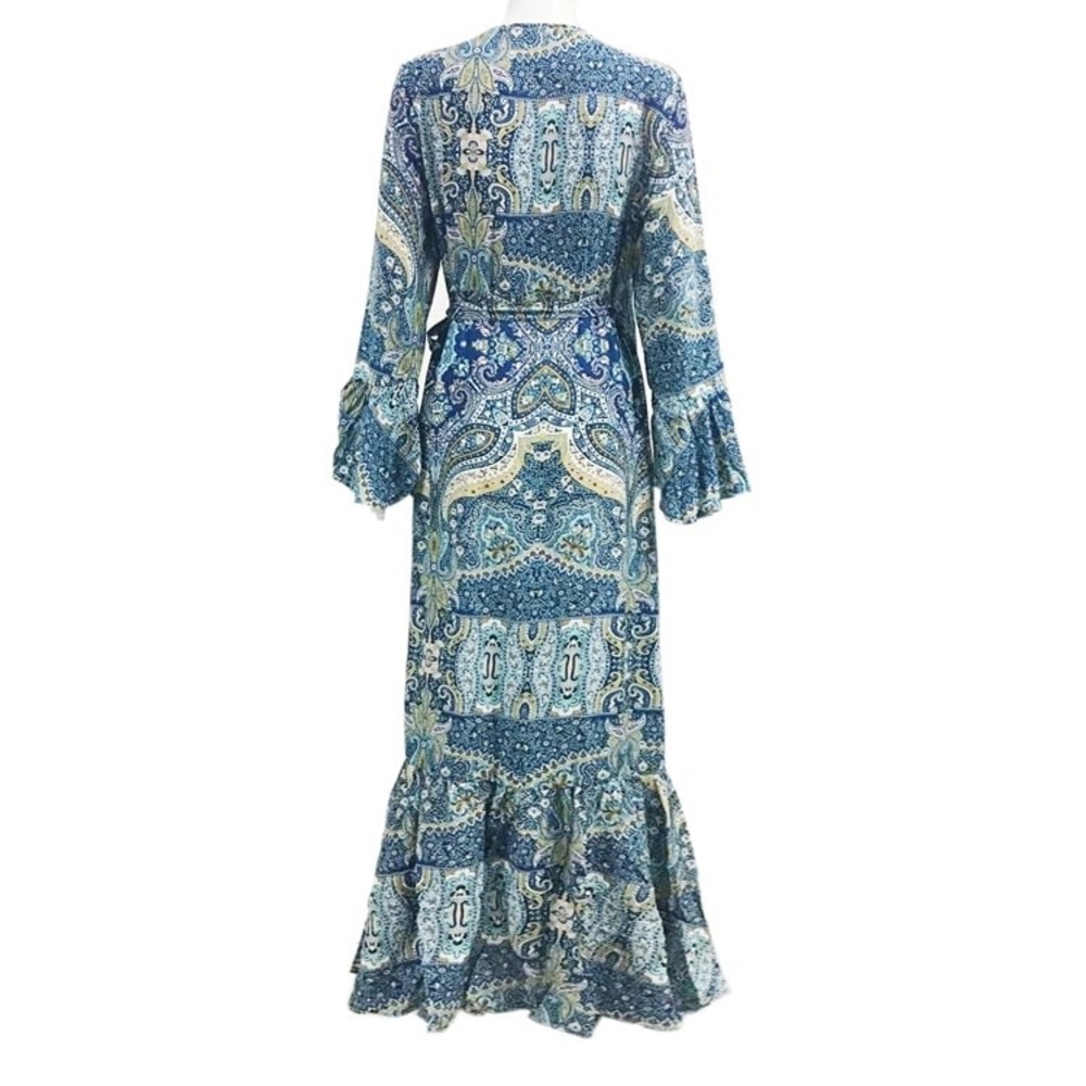New Maxi Boho Blue Paisley Floral Long Dress - Picture 6 of 7